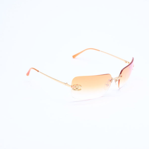 Very Good Condition CHANEL Rimless Sunglasses Eyewear 4017-D c.125/56 Size 62□17 120 Coco Mark Rhinestone Orange Used 4a007106