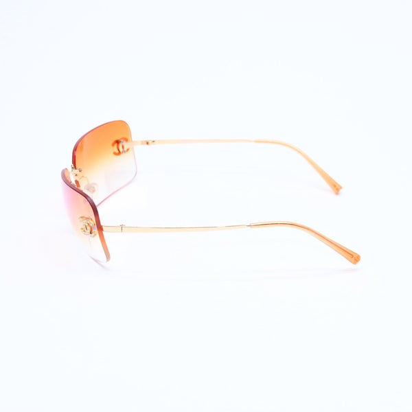 Very Good Condition CHANEL Rimless Sunglasses Eyewear 4017-D c.125/56 Size 62□17 120 Coco Mark Rhinestone Orange Used 4a007106