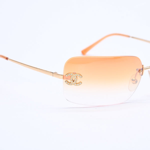 Very Good Condition CHANEL Rimless Sunglasses Eyewear 4017-D c.125/56 Size 62□17 120 Coco Mark Rhinestone Orange Used 4a007106