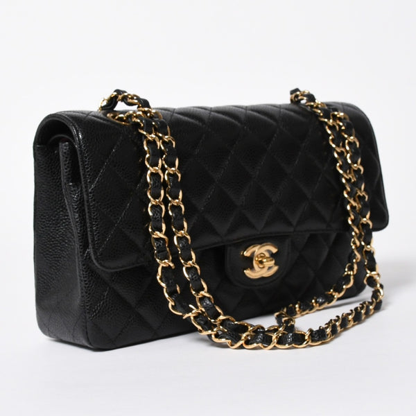 新品未使用 CHANEL シャネル マトラッセ25 Wフラップ Wチェーンショルダーバッグ 31番台 ココマーク キャビアスキン ブラック 中古 4a007110