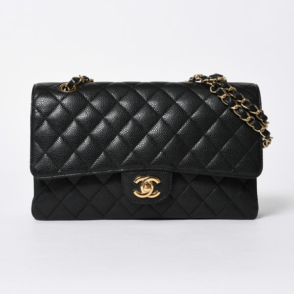 極美品 CHANEL シャネル マトラッセ25 Wフラップ Wチェーンショルダーバッグ 14番台 ココマーク キャビアスキン ブラック 中古 4a007113