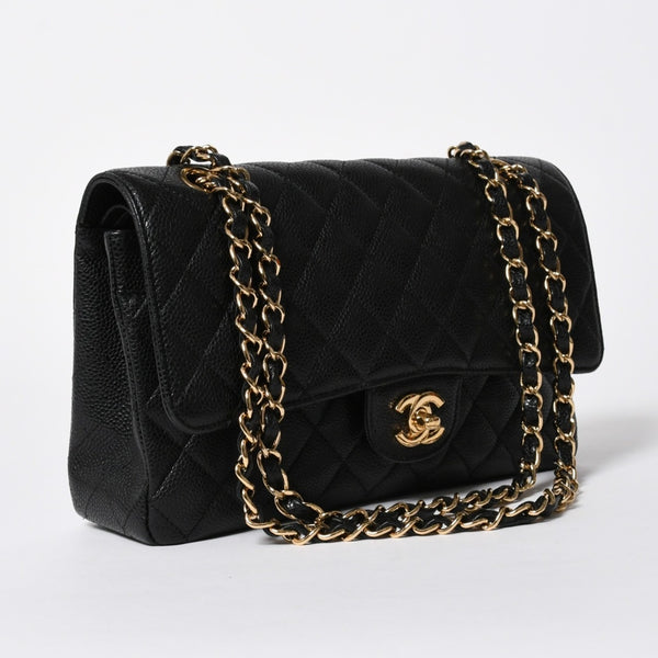 極美品 CHANEL シャネル マトラッセ25 Wフラップ Wチェーンショルダーバッグ 14番台 ココマーク キャビアスキン ブラック 中古 4a007113