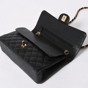 極美品 CHANEL シャネル マトラッセ25 Wフラップ Wチェーンショルダーバッグ 14番台 ココマーク キャビアスキン ブラック 中古 4a007113