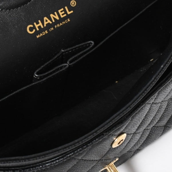 極美品 CHANEL シャネル マトラッセ25 Wフラップ Wチェーンショルダーバッグ 14番台 ココマーク キャビアスキン ブラック 中古 4a007113