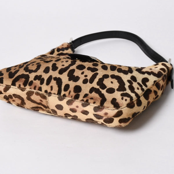 極美品 FENDI フェンディ マンマバケット ワンショルダーバッグ 26569 レオパード ハラコ レザー ブラウン シルバー金具 中古 4a007123