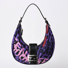 FENDI フェンディ タイポグラフィプリント ハーフムーン ホーボーバッグ クロワッサン ワンショルダー パープル ピンク シルバー金具 美品 中古 4a006959