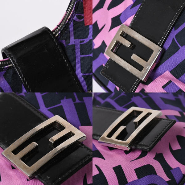 FENDI フェンディ タイポグラフィプリント ハーフムーン ホーボーバッグ クロワッサン ワンショルダー パープル ピンク シルバー金具 美品 中古 4a006959