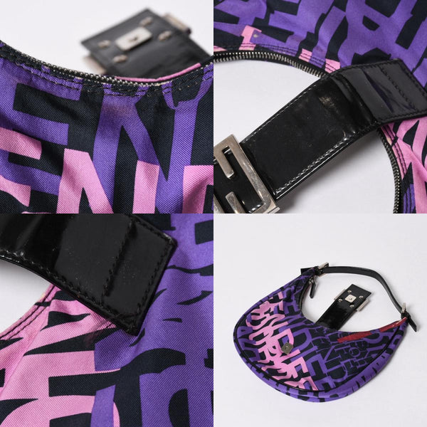 FENDI フェンディ タイポグラフィプリント ハーフムーン ホーボーバッグ クロワッサン ワンショルダー パープル ピンク シルバー金具 美品 中古 4a006959