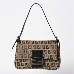 極美品 FENDI フェンディ マンマバケット ワンショルダーバッグ ベージュ ダークブラウン ズッキーノ柄 FFバックル ブラックメタル金具 中古 4a006970