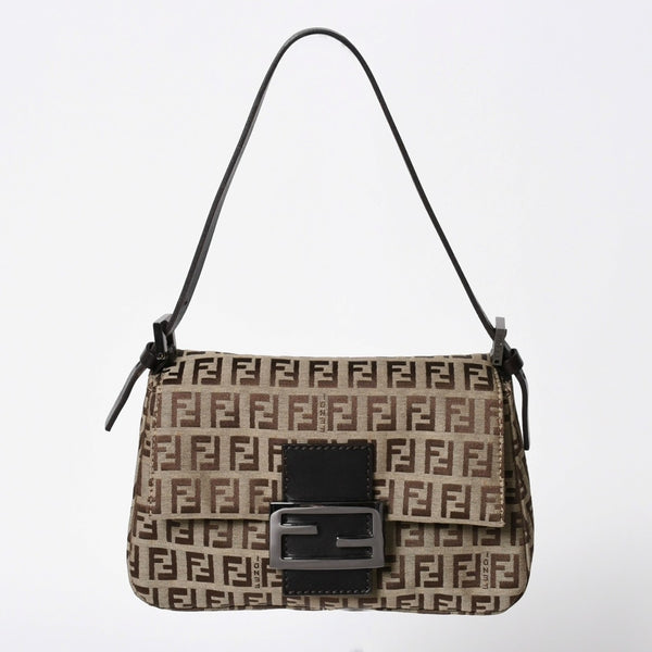 極美品 FENDI フェンディ マンマバケット ワンショルダーバッグ ベージュ ダークブラウン ズッキーノ柄 FFバックル ブラックメタル金具 中古 4a006970