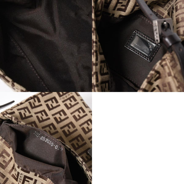 極美品 FENDI フェンディ マンマバケット ワンショルダーバッグ ベージュ ダークブラウン ズッキーノ柄 FFバックル ブラックメタル金具 中古 4a006970