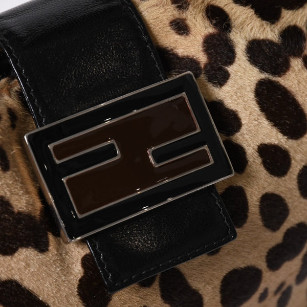 極美品 FENDI フェンディ マンマバケット ワンショルダーバッグ 26569 レオパード ハラコ レザー ブラウン シルバー金具 中古 4a007123