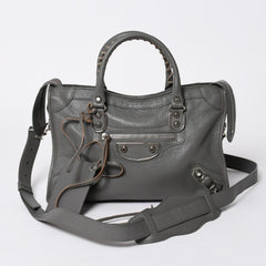 BALENCIAGA バレンシアガ メタリック エッジ シティ ハンドバッグ 2WAY 432831 レザー グレー ゴールド金具 美品 中古 4a007190