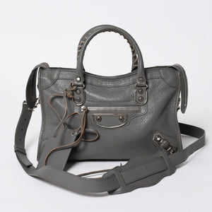 BALENCIAGA バレンシアガ メタリック エッジ シティ ハンドバッグ 2WAY 432831 レザー グレー ゴールド金具 美品 中古 4a007190