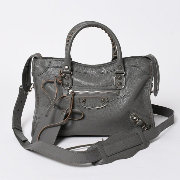 BALENCIAGA バレンシアガ メタリック エッジ シティ ハンドバッグ 2WAY 432831 レザー グレー ゴールド金具 美品 中古 4a007190