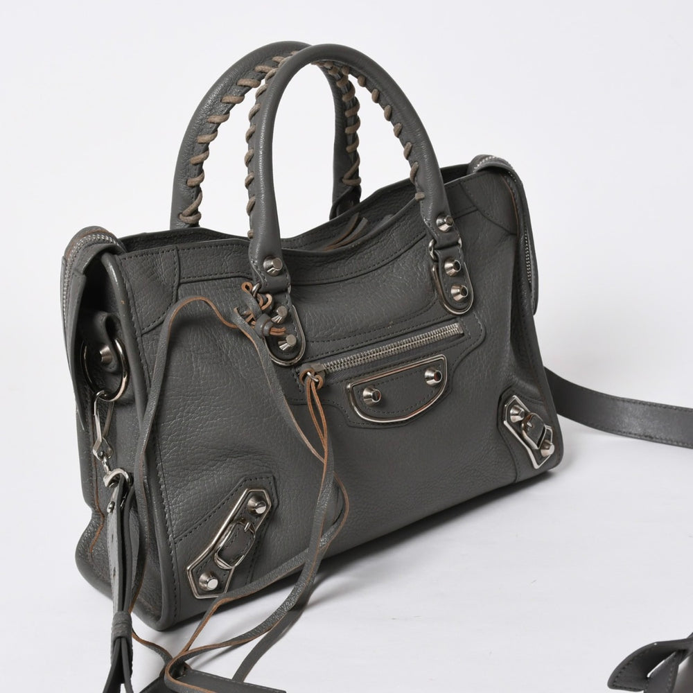 BALENCIAGA バレンシアガ メタリック エッジ シティ ハンドバッグ 2WAY 432831 レザー グレー ゴールド金具 美品 中古 4a007190
