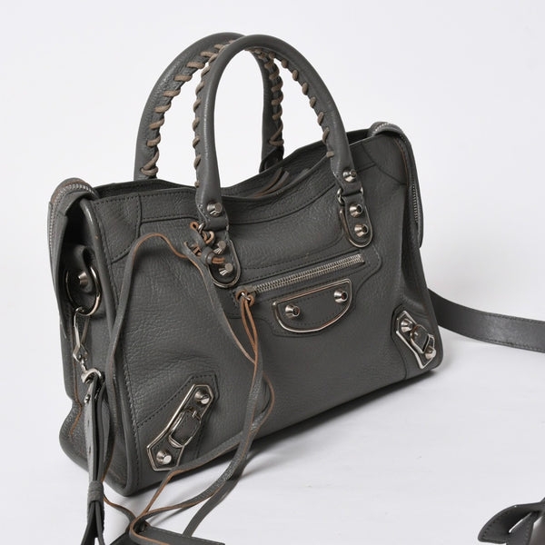 BALENCIAGA バレンシアガ メタリック エッジ シティ ハンドバッグ 2WAY 432831 レザー グレー ゴールド金具 美品 中古 4a007190