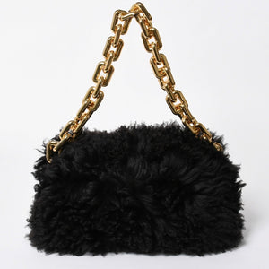 極美品 BOTTEGA VENETA ボッテガヴェネタ ザ チェーン ポーチ ハンドバッグ ショルダーバッグ B09462245M ブラック ブラウン ゴールド金具 中古 4a006592