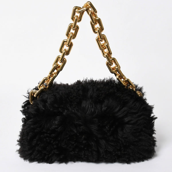 極美品 BOTTEGA VENETA ボッテガヴェネタ ザ チェーン ポーチ ハンドバッグ ショルダーバッグ B09462245M ブラック ブラウン ゴールド金具 中古 4a006592