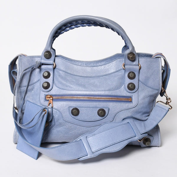 BALENCIAGA バレンシアガ ジャイアント シティ ハンドバッグ 173084 ライトブルー ローズゴールド 2WAY ワンショルダー ラムスキン ローズゴールド金具 美品 中古 4a007164