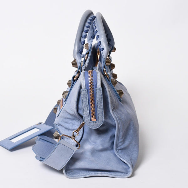 BALENCIAGA バレンシアガ ジャイアント シティ ハンドバッグ 173084 ライトブルー ローズゴールド 2WAY ワンショルダー ラムスキン ローズゴールド金具 美品 中古 4a007164