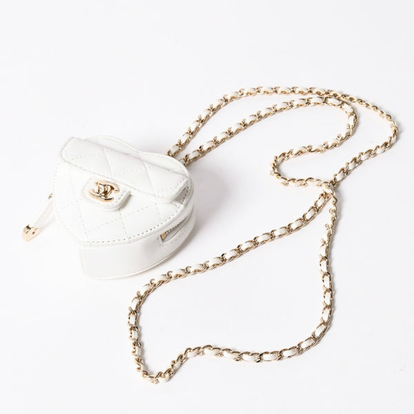 CHANEL シャネル ハートシェイプ コインパース チェーンポーチ AP2783 32番台 ココマーク ラムスキン ホワイト ゴールド金具 美品 中古 4a007174