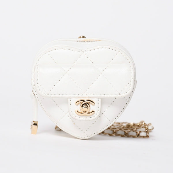 CHANEL シャネル ハートシェイプ コインパース チェーンポーチ AP2783 32番台 ココマーク ラムスキン ホワイト ゴールド金具 美品 中古 4a007174
