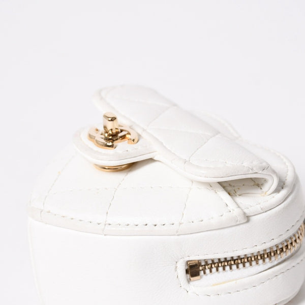 CHANEL シャネル ハートシェイプ コインパース チェーンポーチ AP2783 32番台 ココマーク ラムスキン ホワイト ゴールド金具 美品 中古 4a007174