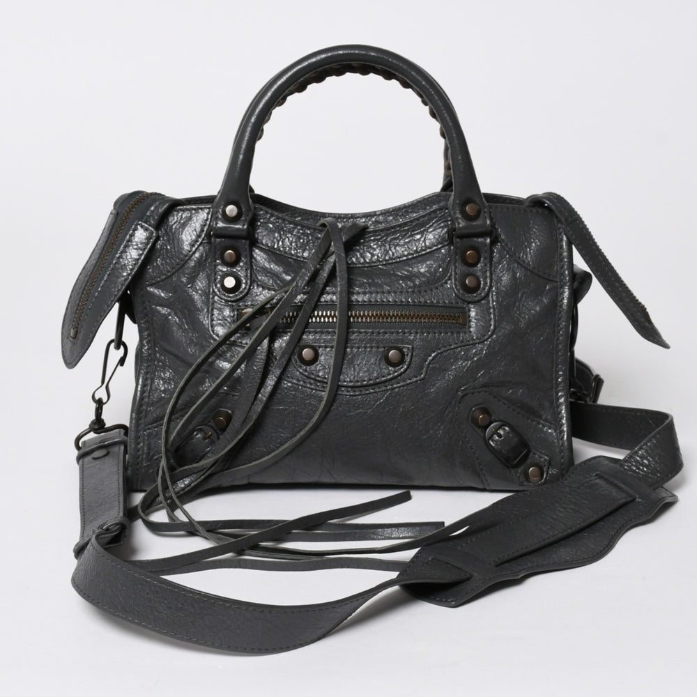 極美品 BALENCIAGA バレンシアガ クラシック ミニ シティ 2WAYバッグ 300295 レザー グレー アンティークゴールド金具 中古 4a007163