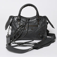 極美品 BALENCIAGA バレンシアガ クラシック ミニ シティ 2WAYバッグ 300295 レザー グレー アンティークゴールド金具 中古 4a007163