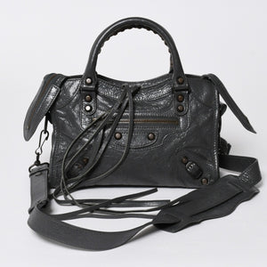 極美品 BALENCIAGA バレンシアガ クラシック ミニ シティ 2WAYバッグ 300295 レザー グレー アンティークゴールド金具 中古 4a007163