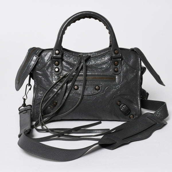 極美品 BALENCIAGA バレンシアガ クラシック ミニ シティ 2WAYバッグ 300295 レザー グレー アンティークゴールド金具 中古 4a007163