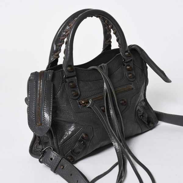 極美品 BALENCIAGA バレンシアガ クラシック ミニ シティ 2WAYバッグ 300295 レザー グレー アンティークゴールド金具 中古 4a007163