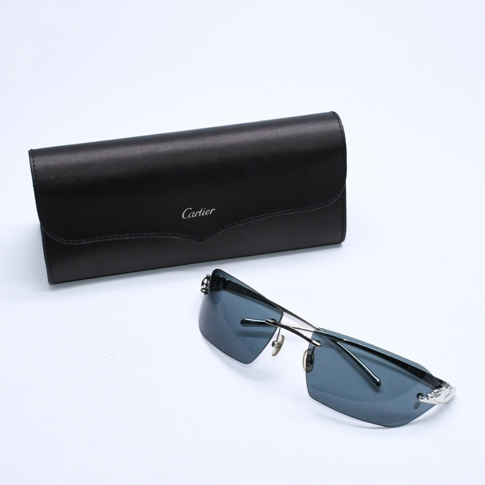 極美品 CARTIER カルティエ サングラス アイウェア サイズ□18 リムレス パンテール シルバー ネイビー 中古 4a007178