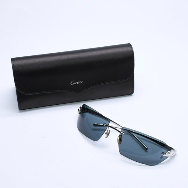 極美品 CARTIER カルティエ サングラス アイウェア サイズ□18 リムレス パンテール シルバー ネイビー 中古 4a007178