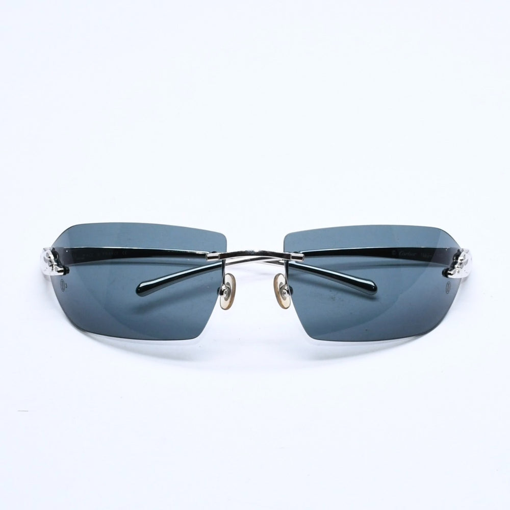 極美品 CARTIER カルティエ サングラス アイウェア サイズ□18 リムレス パンテール シルバー ネイビー 中古 4a007178