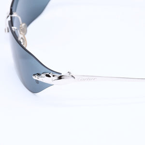 極美品 CARTIER カルティエ サングラス アイウェア サイズ□18 リムレス パンテール シルバー ネイビー 中古 4a007178