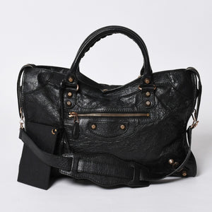 極美品 BALENCIAGA バレンシアガ ジャイアント シティ ハンドバッグ 281770 2WAY ブラック ラムスキン ローズゴールド金具 中古 4a007118