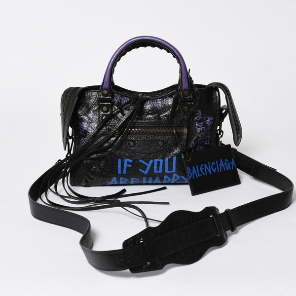極美品 BALENCIAGA バレンシアガ 2WAY ハンドバッグ ショルダーバッグ CLASSIC CITY クラシック シティ 300295 ブラック ブルー パープル 中古 4a007141
