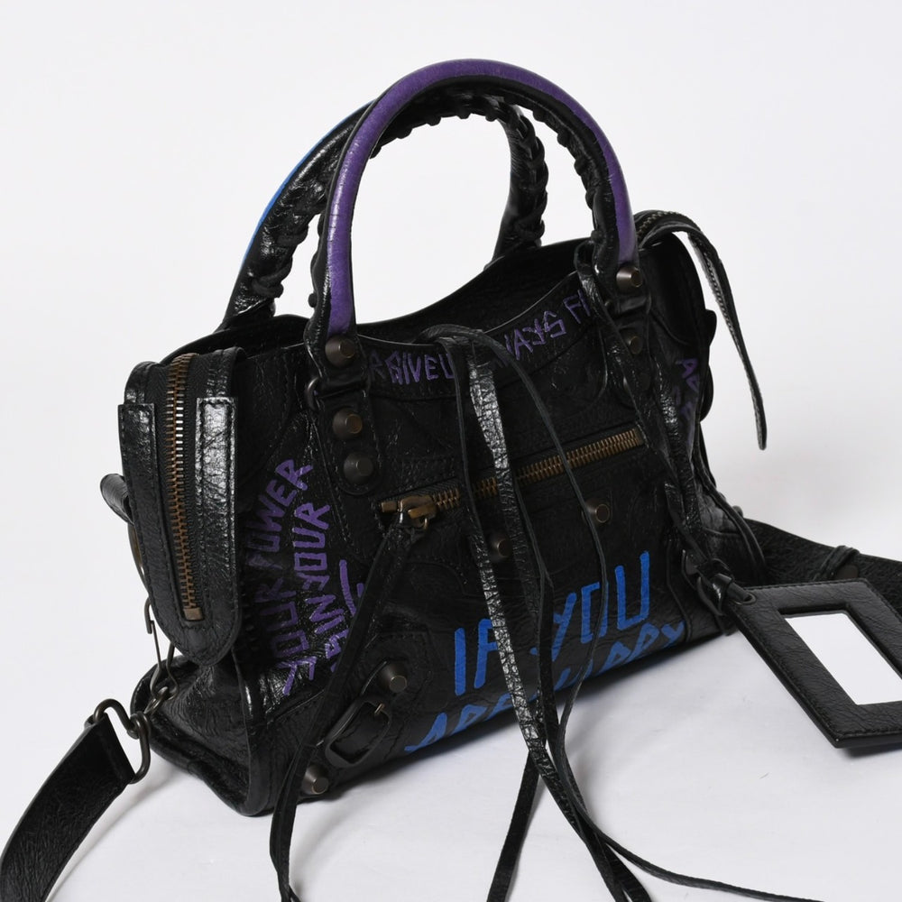 極美品 BALENCIAGA バレンシアガ 2WAY ハンドバッグ ショルダーバッグ CLASSIC CITY クラシック シティ 300295 ブラック ブルー パープル 中古 4a007141