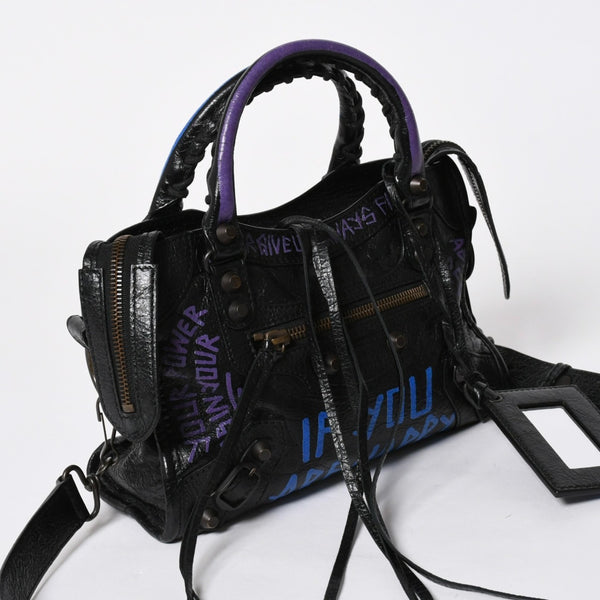 極美品 BALENCIAGA バレンシアガ 2WAY ハンドバッグ ショルダーバッグ CLASSIC CITY クラシック シティ 300295 ブラック ブルー パープル 中古 4a007141