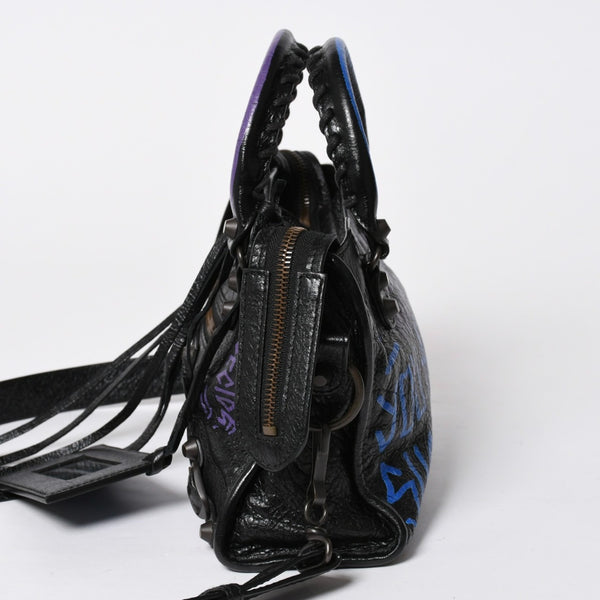 極美品 BALENCIAGA バレンシアガ 2WAY ハンドバッグ ショルダーバッグ CLASSIC CITY クラシック シティ 300295 ブラック ブルー パープル 中古 4a007141