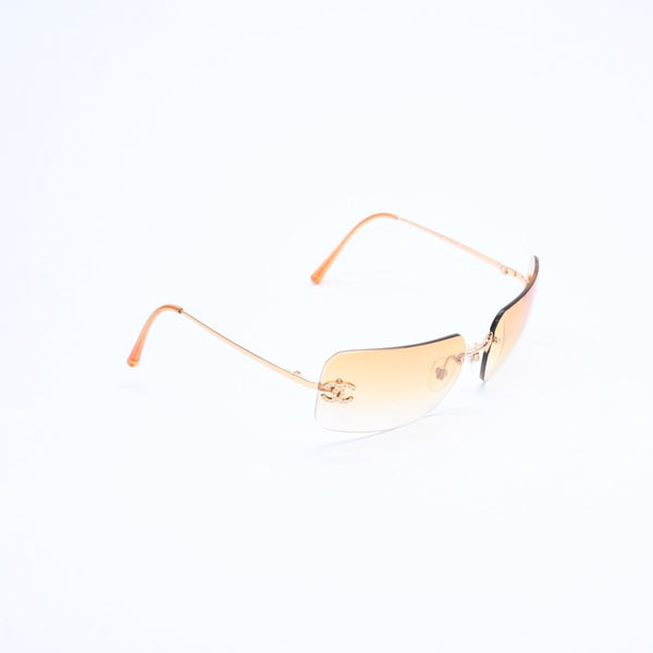 極美品 CHANEL シャネル リムレス サングラス アイウェア 4017-D c.125/56 サイズ62□17 120 ココマーク ラインストーン オレンジ 中古 4a007107