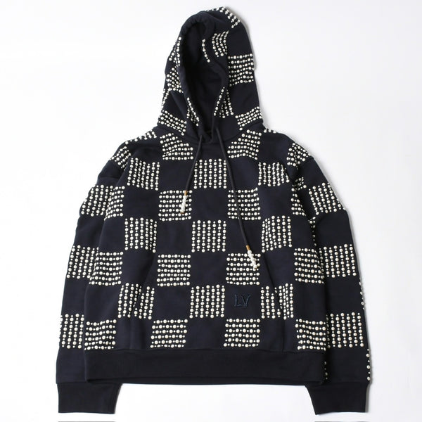 極美品 LOUIS VUITTON ルイヴィトン パーカー ダミエ 2024SS LVロゴ エンブロイダリー 刺繍 RM241 GOS HQY62W ネイビー サイズM 中古 4a007201
