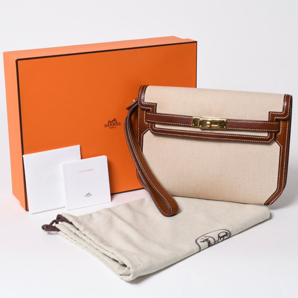 HERMES エルメス ケリー デペッシュ 25 クラッチバッグ ベージュ ブラウン トワルアッシュ バレニア Z刻 2021年製 GD金具 美品 中古 4a007217