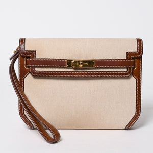 HERMES エルメス ケリー デペッシュ 25 クラッチバッグ ベージュ ブラウン トワルアッシュ バレニア Z刻 2021年製 GD金具 美品 中古 4a007217