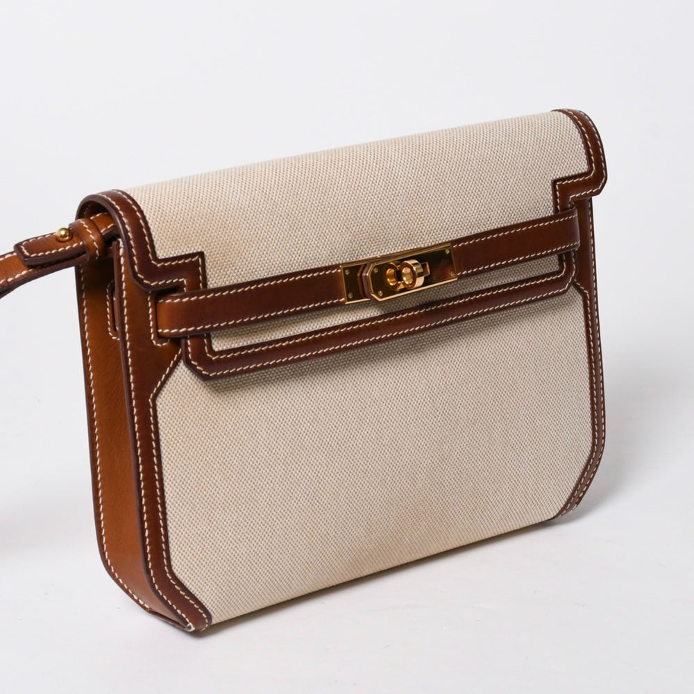 HERMES エルメス ケリー デペッシュ 25 クラッチバッグ ベージュ ブラウン トワルアッシュ バレニア Z刻 2021年製 GD金具 美品 中古 4a007217