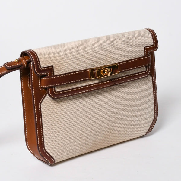 HERMES エルメス ケリー デペッシュ 25 クラッチバッグ ベージュ ブラウン トワルアッシュ バレニア Z刻 2021年製 GD金具 美品 中古 4a007217