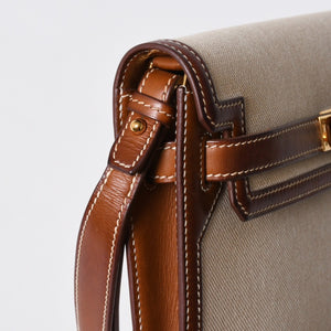HERMES エルメス ケリー デペッシュ 25 クラッチバッグ ベージュ ブラウン トワルアッシュ バレニア Z刻 2021年製 GD金具 美品 中古 4a007217