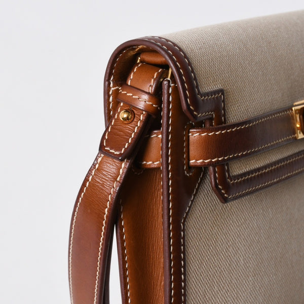 HERMES エルメス ケリー デペッシュ 25 クラッチバッグ ベージュ ブラウン トワルアッシュ バレニア Z刻 2021年製 GD金具 美品 中古 4a007217